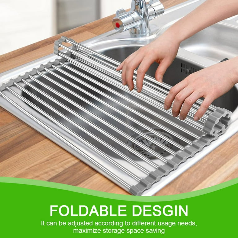 AA Faucet Grey Stainless Steel Roll-Up Dish Drying Rack with Utensil C