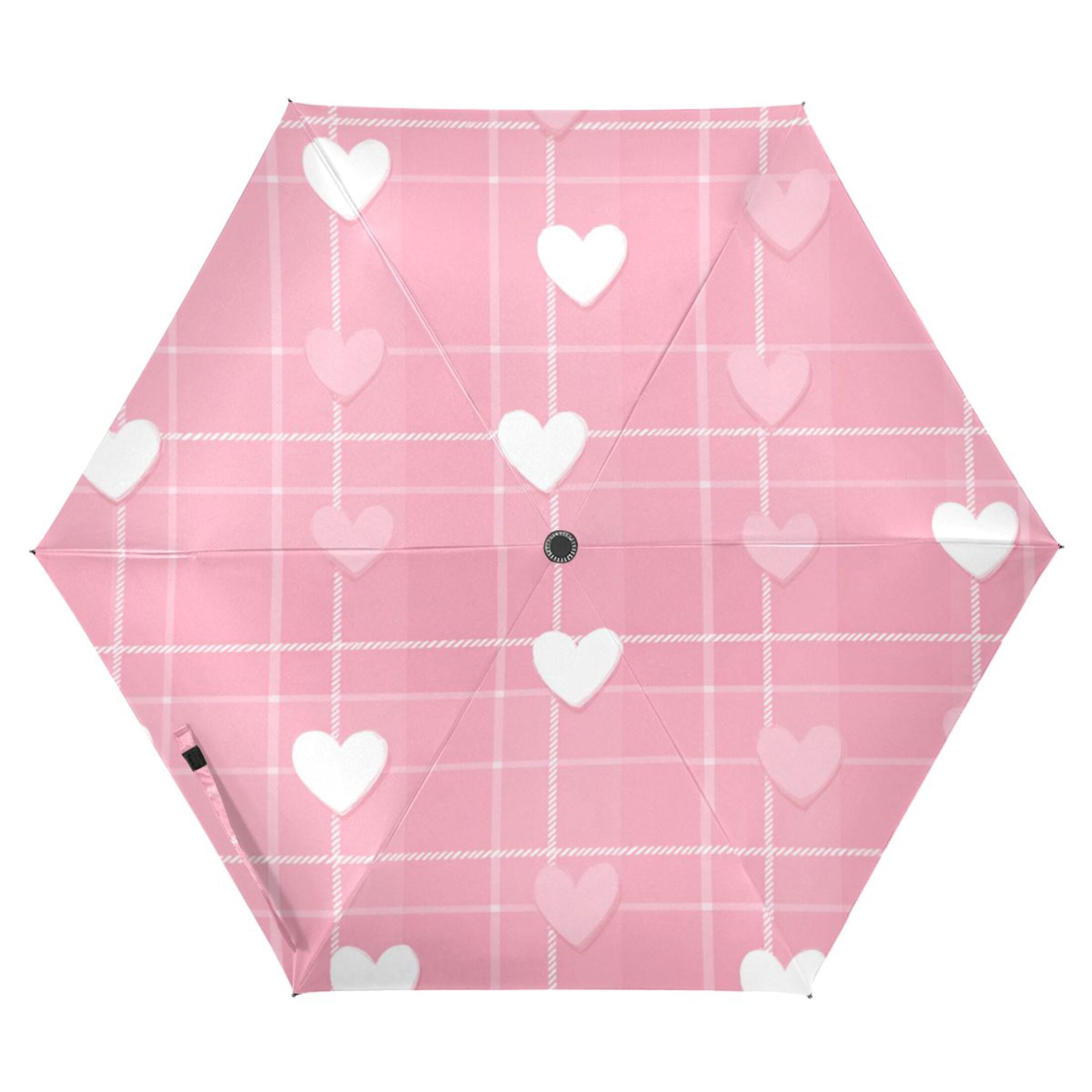 Pink Plaids Cute Hearts Valentine All Weather Umbrella Triple Folding Parasol 6 Ribs UV Protection Portable