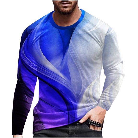 IROINNID Clearance Long Sleeve Pullover Shirts for Men Casual Round Neck Line 3D Printed T-Shirt Blouse,Blue