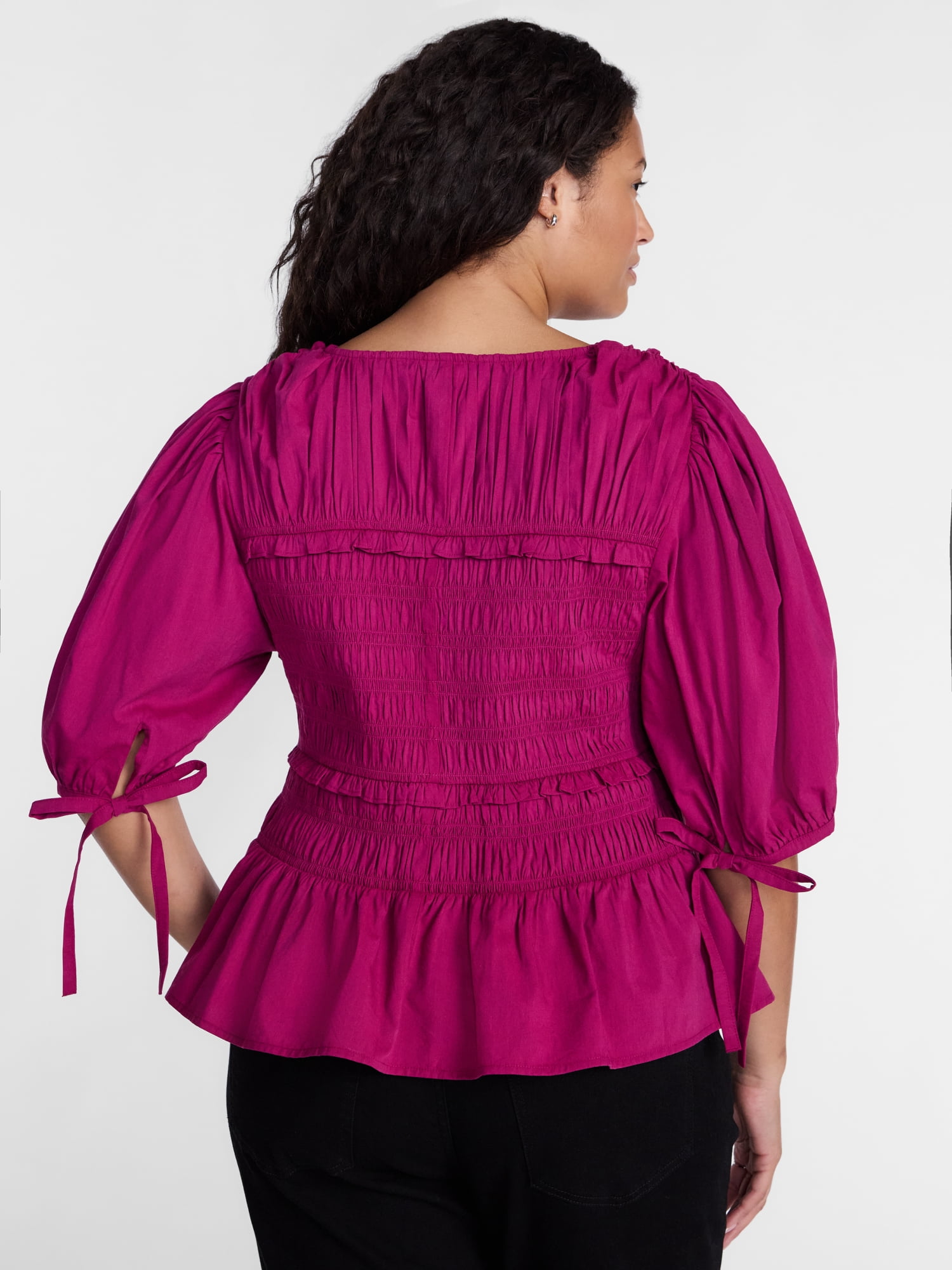 Terra & Sky Women's Plus Smocked Top with Tie Elbow Length Puff Sleeves, Sizes 0X-5X