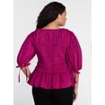 thumbnail image 3 of Terra & Sky Women's Plus Smocked Top with Tie Elbow Length Puff Sleeves, Sizes 0X-5X, 3 of 5