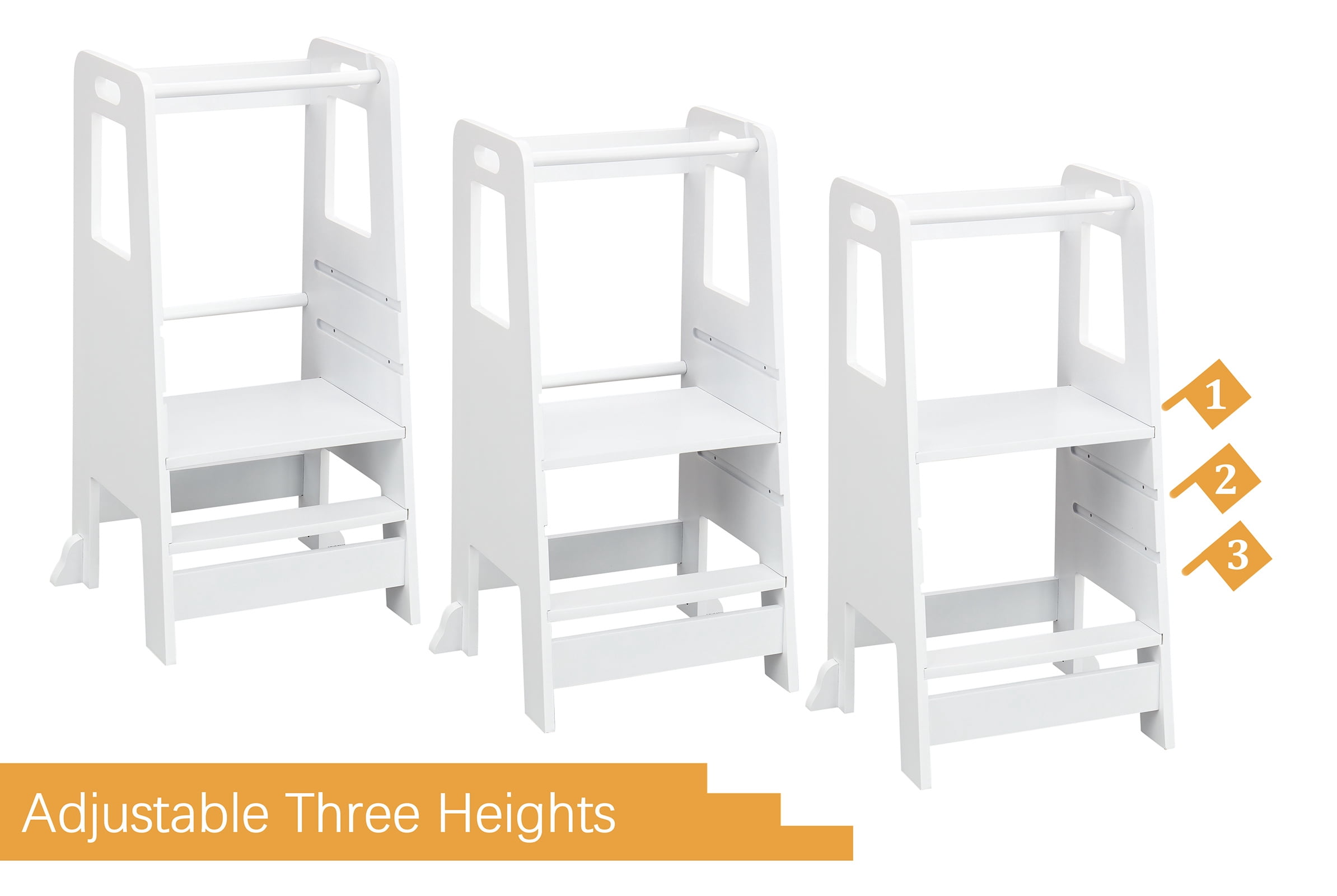 Kid's Wooden Kitchen Step Stool, Adjustable Platform Standing Tower with Safety Guardrail Child Studying Tower, Toddler Stool for Bathroom, Cooking Helper