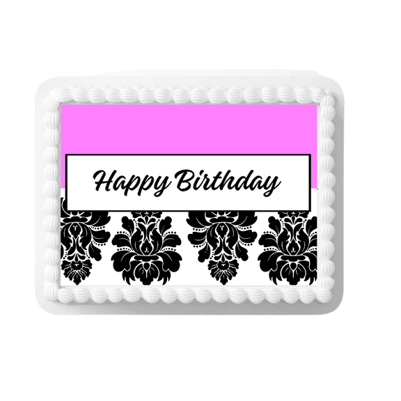 Black & Damask Happy Birthday Elegant Edible Frosting Photo Cake Topper - Hot Pink