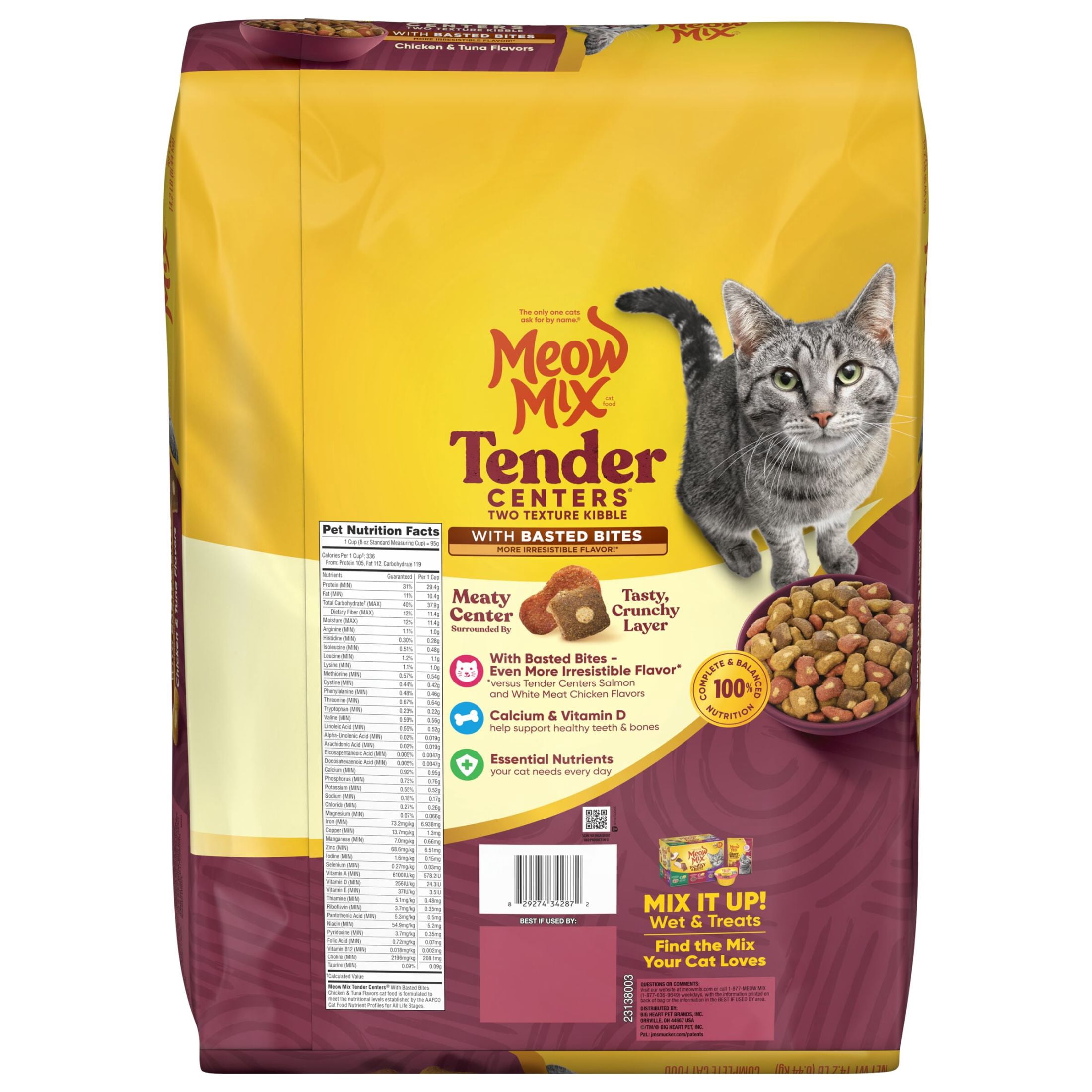(3 pack) Meow Mix Tender Centers Dry Cat Food with Basted Bites, Chicken & Tuna Flavors, 14.2 lb Bag