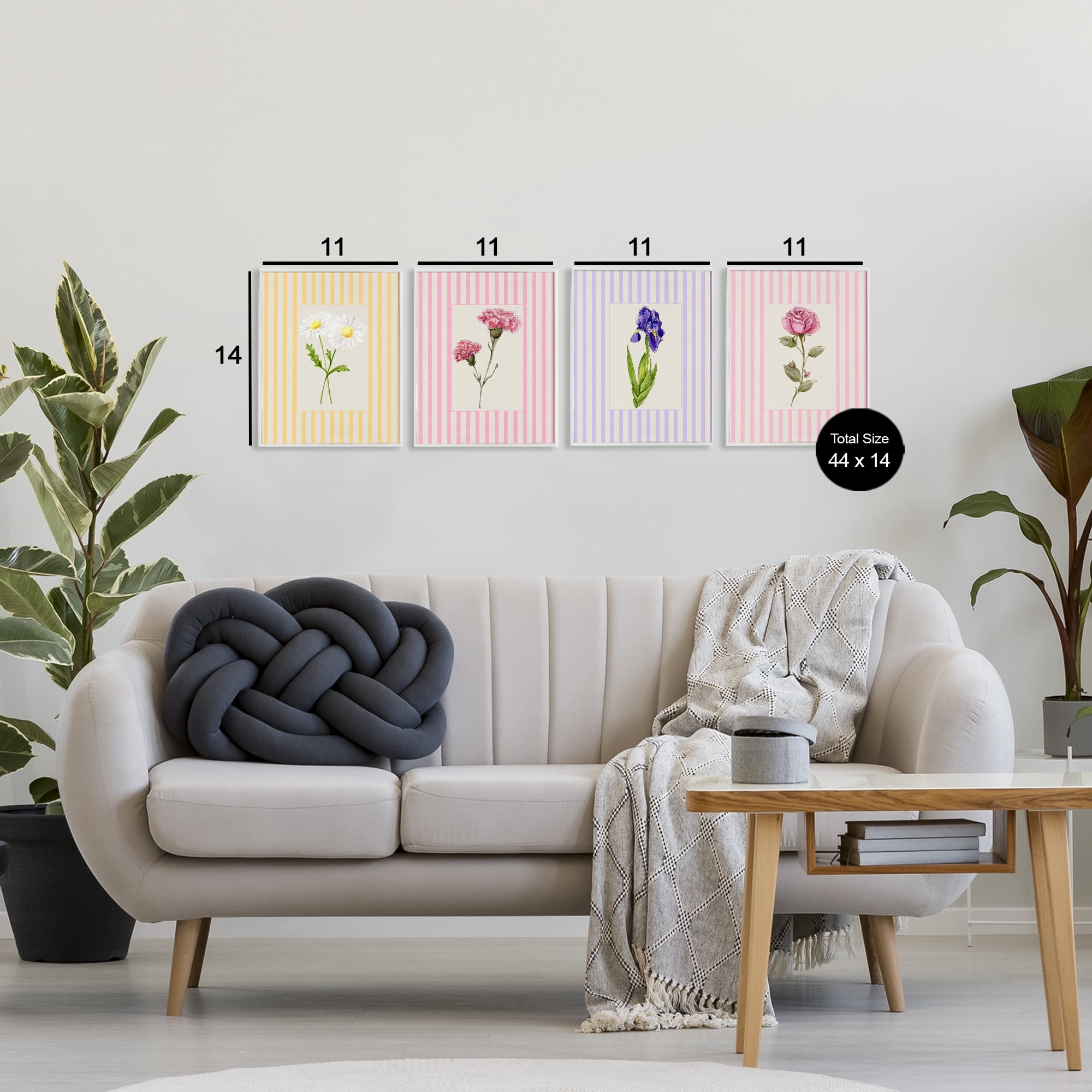 Cottage Stripe Sprigs 4 Piece White Framed Giclee Art Set, design by Lisa Wehmeyer