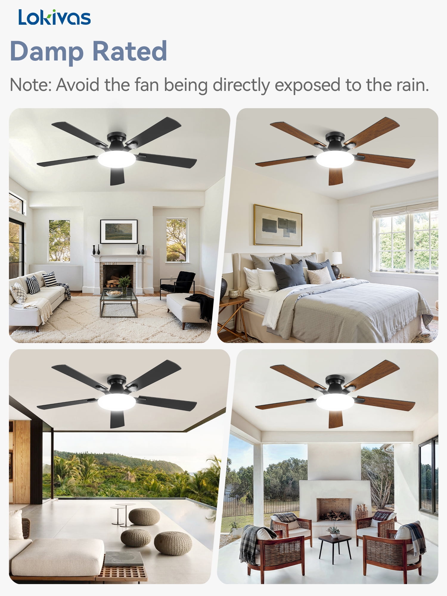 Lokivas 52 Inch Modern Ceiling Fan with Light, Flush Mount Low Profile, Quiet 6 Speeds Remote Control, Reversible DC Motor for Bedroom, Living Room