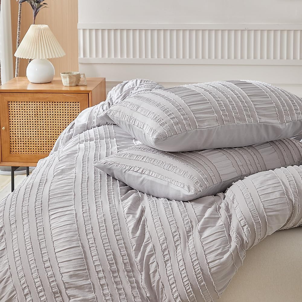 JOLUSERE Light Gray Duvet Cover Queen Sets, 3 Pieces Soft Breathable Striped Textured Comforter Cover Set