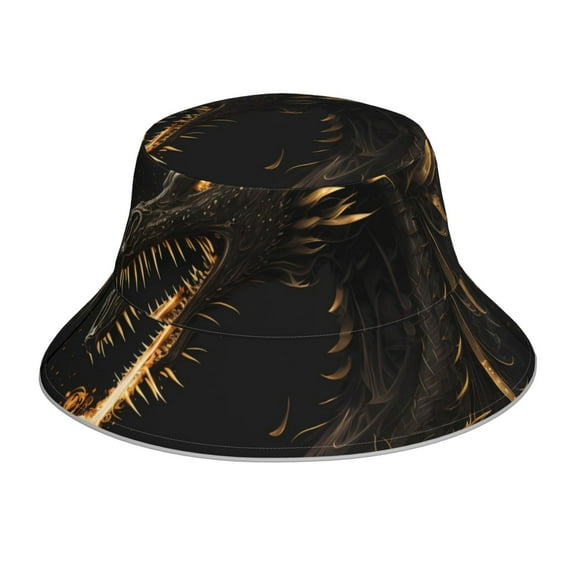 Kll Black And Gold Fire Dragon Bucket Hat for Women Men Packable Travel Beach Sun Hat Outdoor Rave Accessories Reflective Fisherman Cap
