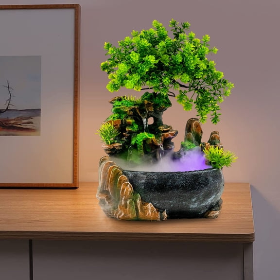 Tabletop Rockery Fountain Indoor Waterfall Bonsai Desktop Mini Rockery Water Fountain with Automatic Pump and LED Light, Home Office Bedroom Humidifier Desk Decorate