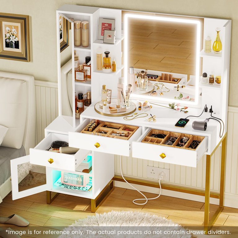 BTHFST Vanity Desk with Full Length Mirror and Lights, Makeup Vanity with  Lights and Charging Station, Large Makeup Table with Drawers Shelves