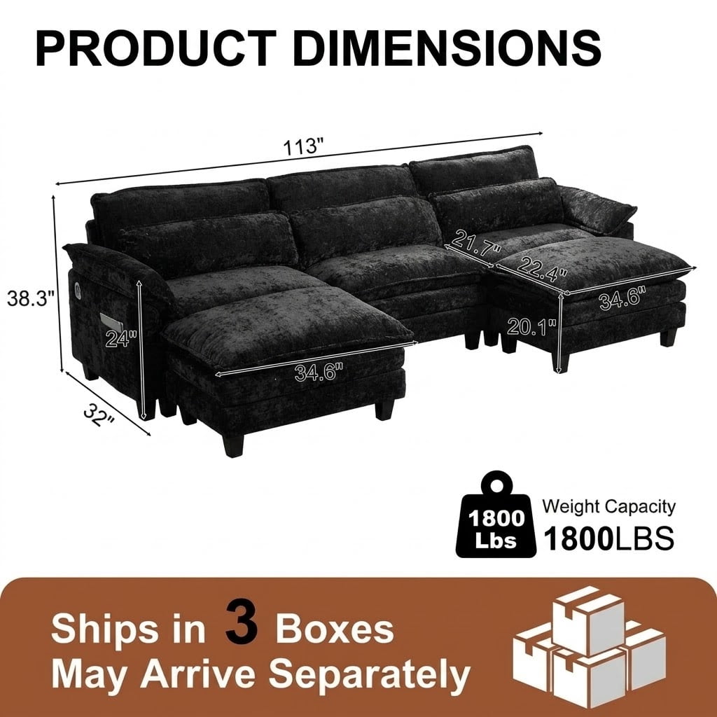 Howcool Cloud Couch Modular Sectional Sofa 3 Seat 113" U Shaped Convertible Couch Chenille Thick Cushion with Ottoman, Removable & Washable Cover for Living Room, Black