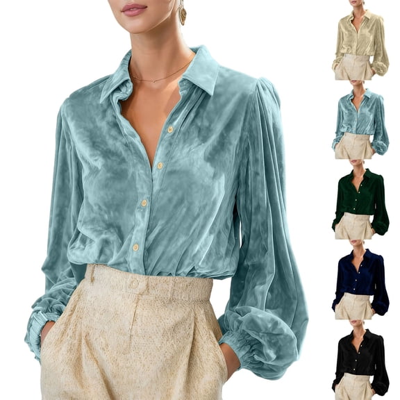 Aboser Vintage Velvet Blouses for Women Business Casual Button Down Shirts Elegant Long Lantern Sleeve Tops Loose Fit Collared Blouse Solid Color Velour Shirt