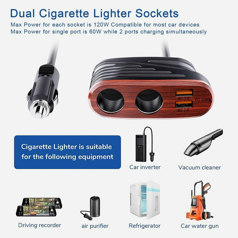 Quick Charge 3.0 Car Charger, 120W 2-Way Cigarette Lighter Splitter DC 12V  Power Adapter Socket Extension with Dual USB Quick Chargers for Sat Nav,  DashCam, iPhones, iPad, Android, Laptop