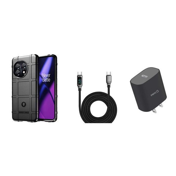 BD Combo Bundle Case for OnePlus 11 5G Case - (Black) Impact Resistant Flexible Armor Case with UL Listed Type-C PD Wall Charger, Digital Display USB-C to USB-C Cable