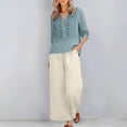 thumbnail image 3 of Linen Sets for Women 2 Piece Summer 2026 3/4 Sleeve Embroidered Boho Tops Wide Leg Pants Beach Vacation Outfits Lounge Wear,Sky Blue XL, 3 of 7
