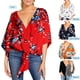 thumbnail image 4 of Blusa suelta de talla grande para mujer Cuello en V acampanado Mangas 3/4 Dobladillo anudado Impreso Abanopi Rojo/S, 4 of 4
