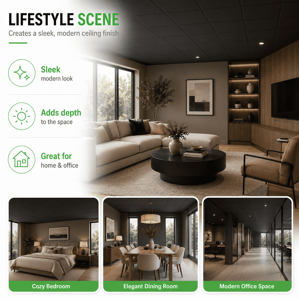 Yeslife 12-Pack 2ft x 2ft PVC Drop Ceiling Tiles, Black, Waterproof Reusable Planks for Home Office, 48 sq ft Cover
