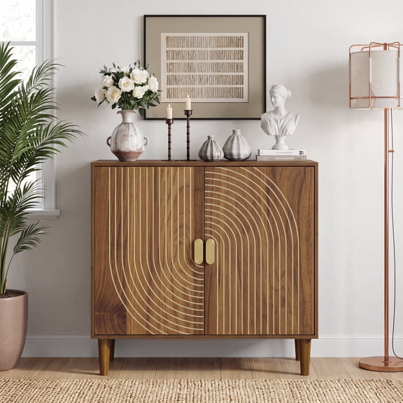 Semiocthome Sideboard Buffet Cabinet with 1 Shelf and Line Groove Design, Kitchen, Walnut
