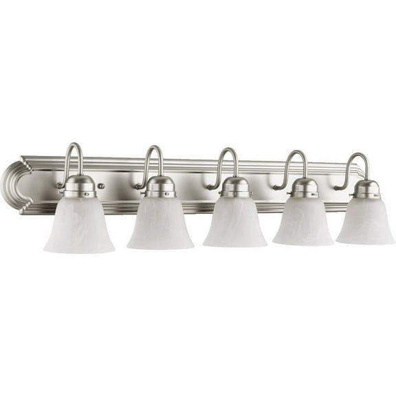 5-Light Bathroom Light with Clear Seeded Bell-Shaped Glass Shades with Oiled Bronze Back Plate 36 inches W  8 inches H-Satin Nickel Finish-Fau