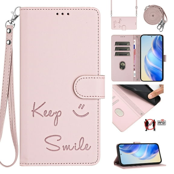 Flip Case for Samsung Galaxy A26 5G, Embossed PU Leather Full body Protection Wallet Case, Card Slots Kickstand, Wrist Strap Shoulder Strap, RFID Blocking Magnetic Closure Phone Cover, Pink