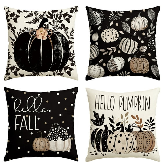 Sm:)e Hello Pumpkin Leaves Fall Throw Pillow Covers Black 18 x 18 Inch Set of 4