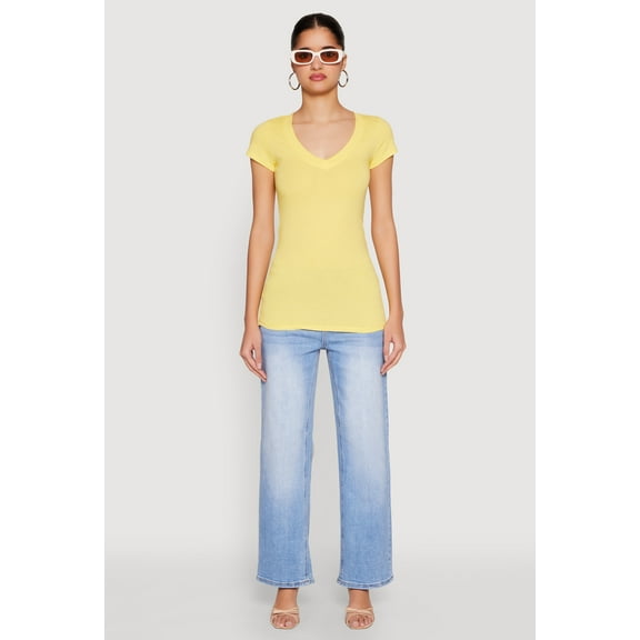 Rainbow Shops Female Adult V Neck Basic Short Sleeve Tee Ambiance, Short Sleeves, V-Neck, T-Shirt, Solid