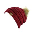 thumbnail image 2 of NYFASHION101 Exclusive Soft Stretch Cable Knit Faux Fur Pom Pom Beanie Hat - Burgundy, 2 of 4