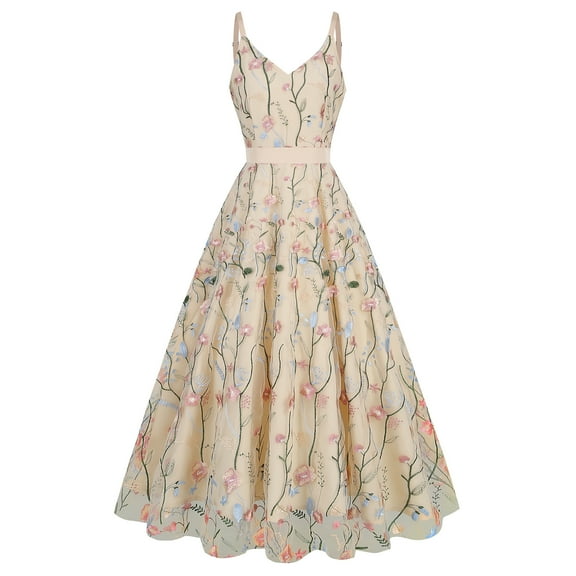 IBTOM CASTLE Women's 1950s Vintage Floral Embroidery Dress Flared Swing Dress Cocktail Party Wedding Dress M Apricot