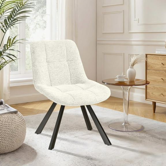 Ninecer Modern Upholstered Dining Chair with 180° Auto-Return Swivel, Low Back Fabric Accent Chair with Padded Seat & Metal Legs, Mid-Century Kitchen Dining Room Side Chair, 300LBS Capacity, White