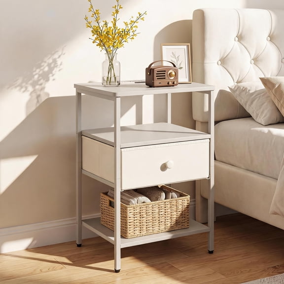 Nightstand with Charging Station, 3-Tier Open Storage Side Table with Fabric Drawer, Sturdy Metal Frame End Table, Versatile Bedside Table for Bedroom, Living Room, Small Space, White