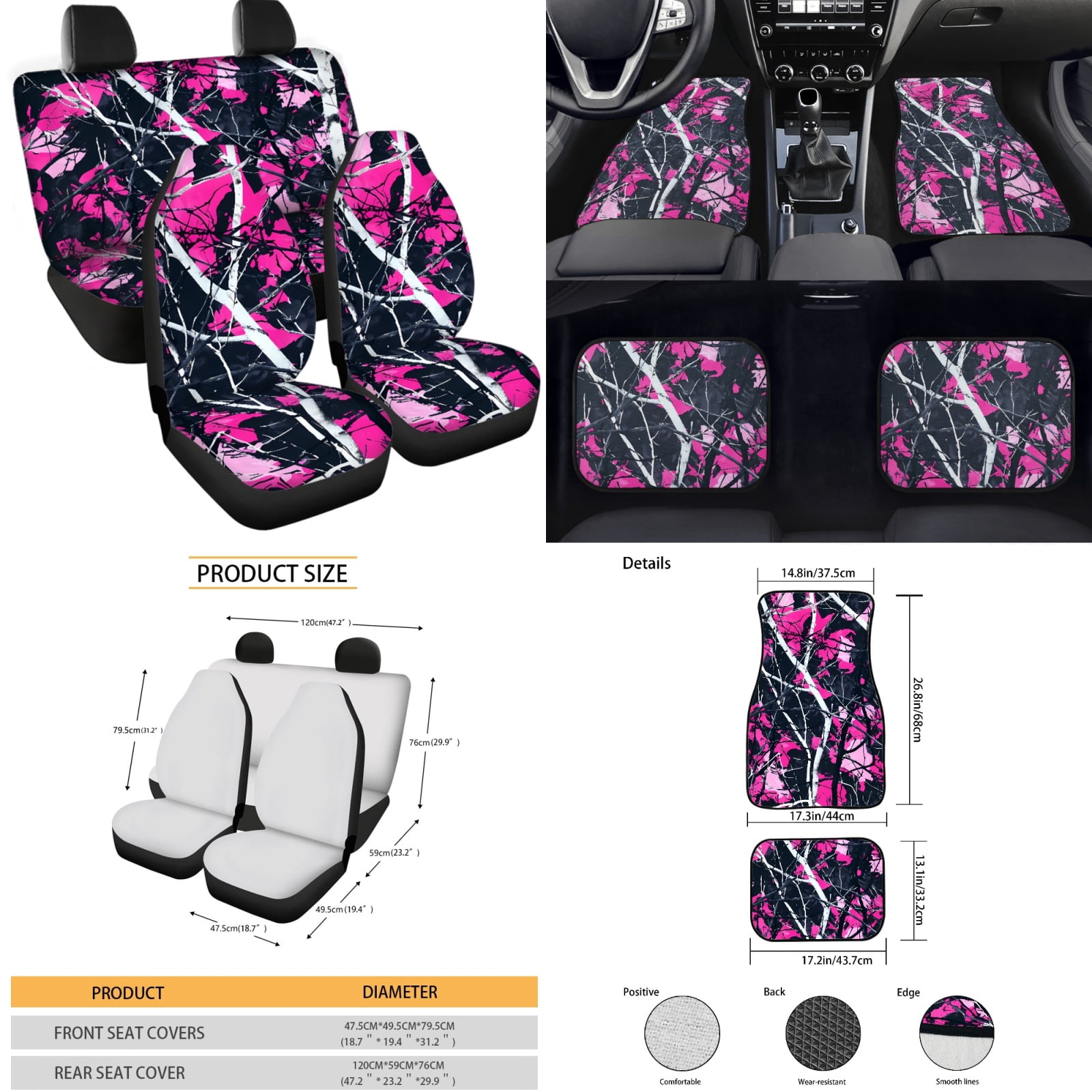 Yuyamidu Camo Hunting Car Seat Covers Full Set of 15 Pink Wood Car Floor Mats Auto Steering Wheel Cover Seatbelt Covers Cup Coasters Handbrake Cover Set Vehicle Accessory Decor