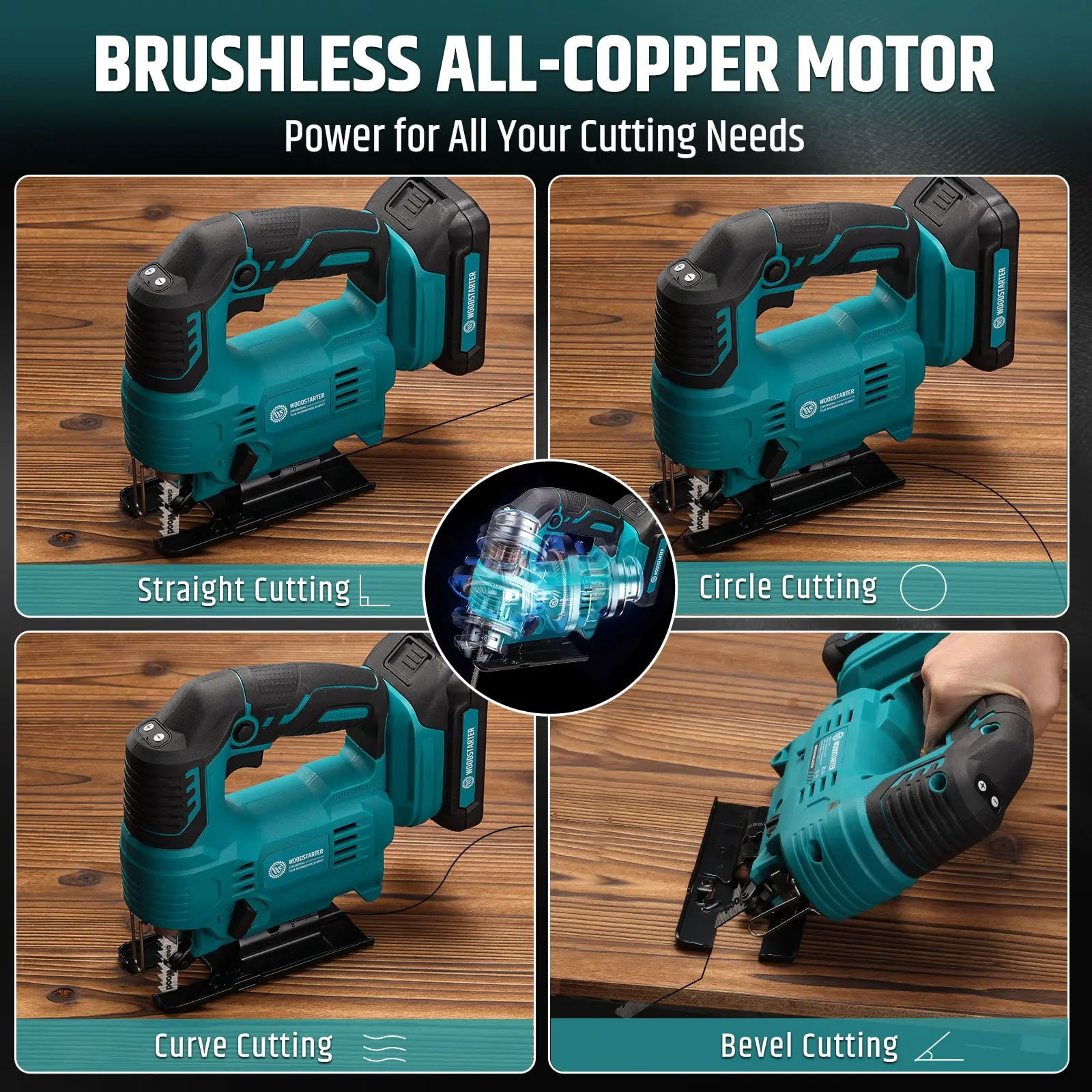 WOODSTARTER Cordless Jigsaw Tool with Battery & Charger, 3-Position Orbital Jig Saw for Makita 18V, 0°-45° Bevel Angle