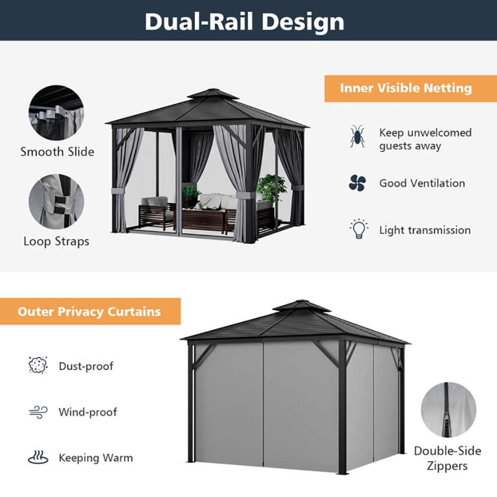 Aimee Lii 10 x 10 Feet Double-Top Hardtop Gazebo with Galvanized Steel Roof, Backyard Canopy Gazebo for Party Wedding BBQ Events, Gray Aimee Lii 10 x 10 Feet Double-Top Hardtop Gazebo with Galvanized Steel Roof, Backyard Canopy Gazebo for Party Wedding BBQ Events, Gray