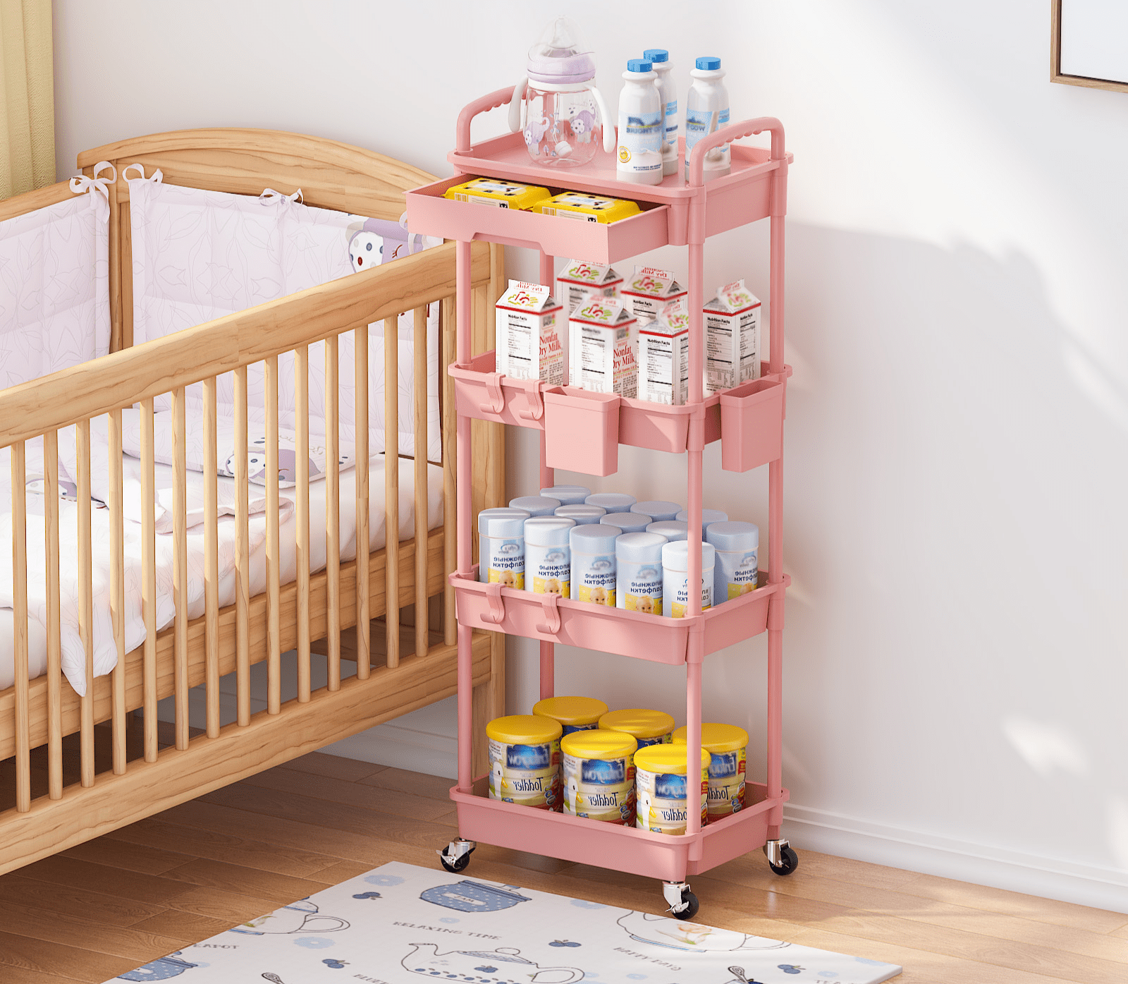 LLMRR 4 Tier Rolling Utility Cart with Drawer, Cart with Drawer & Handle, Bathroom Cart Organizer, Rolling Storage Cart with Drawer, Rolling Cart with Lockable Wheels for Kitchen, Office, Pink