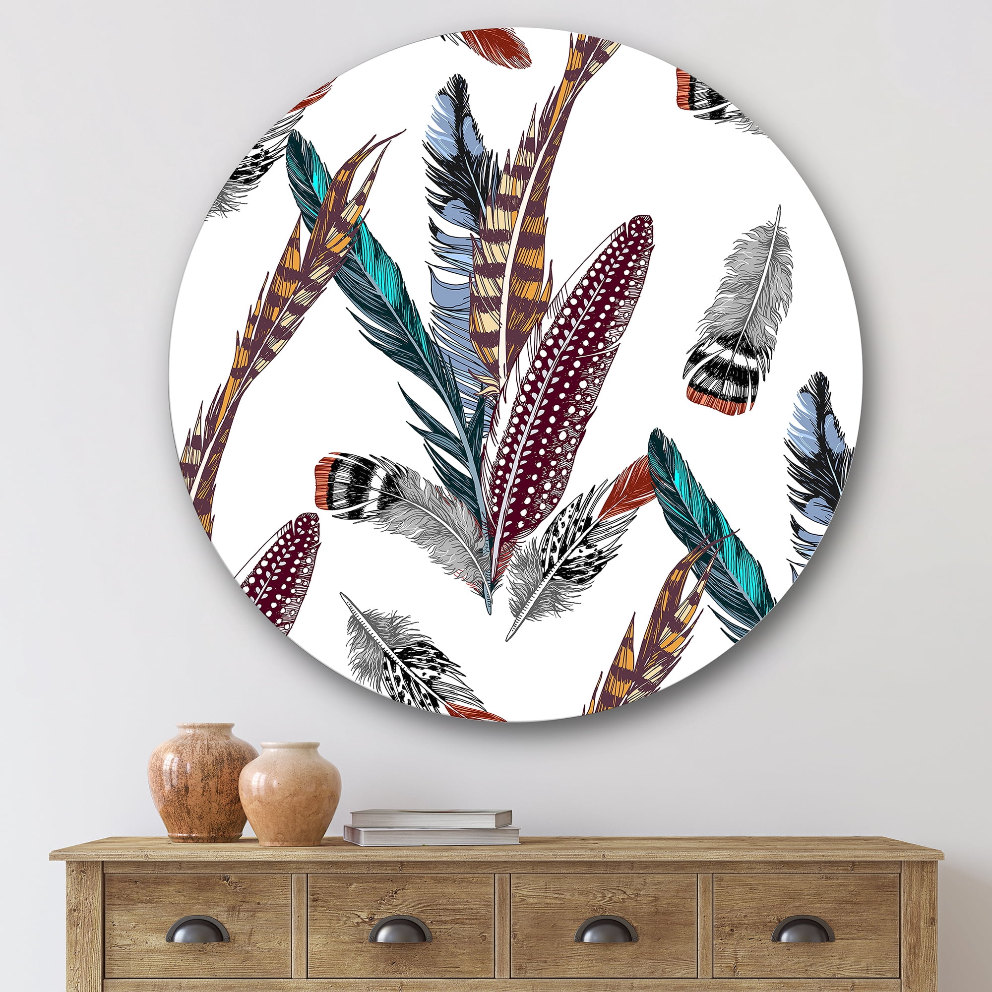 Designart 'Colourful Boho Art Feather Set V' Bohemian & Eclectic Circle Metal Wall Art 36x36 - Disc of 36