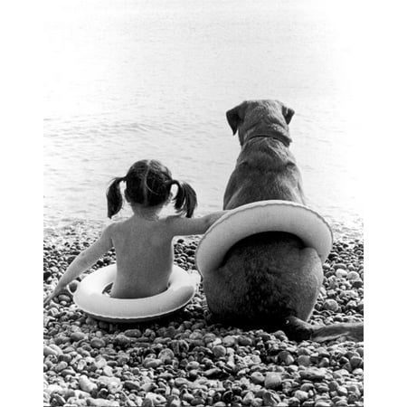 Girl With Dog Cute Friendship Giclee Photograph 28x22 Art Print Poster Sitting on Rocks at Beach Black and White (Best Beach Girl Photos)