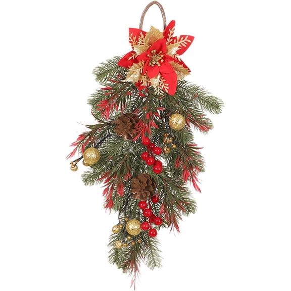 laqbezok Christmas Teardrop Swag Wreath, Red Artificial Teardrop Swag Christmas Door Swag, Xmas Tree Hanging Wreath for Xmas Party Holiday Decor