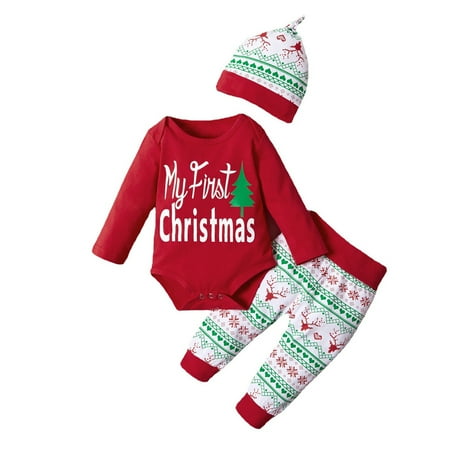 

Lovskoo 2024 0-1T Infant Baby Girl Boy My First Christmas Outfits Letter Romper Jumpsuit + Pants + Hat + Headband Set Red