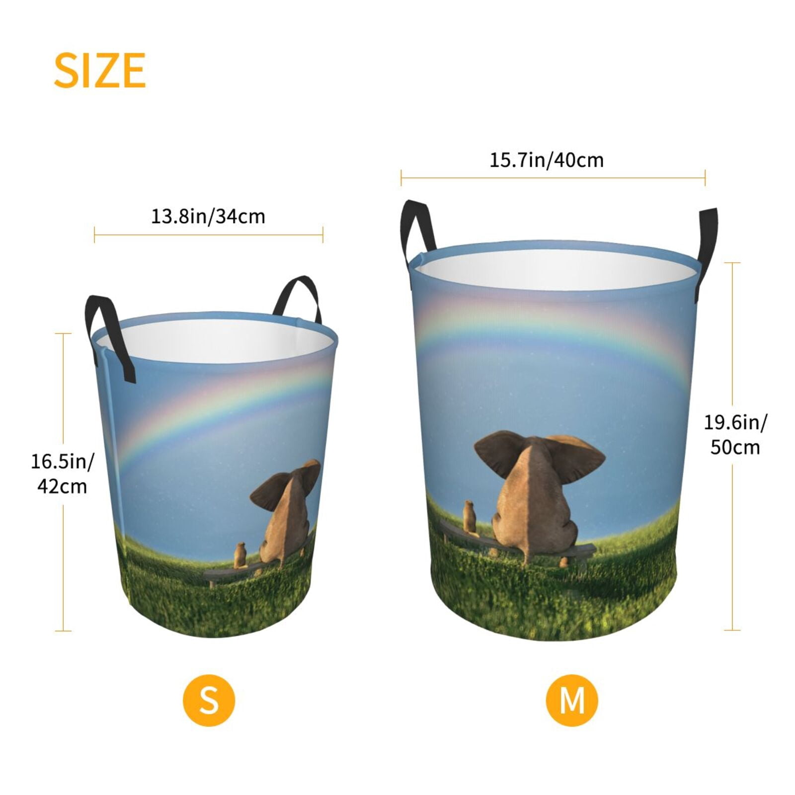 Large Laundry Basket with Handles - Elephant Dog Sitting Under The Rainbow Kids Baby Dirty Clothes Laundry Hamper for Bedroom Aesthetic