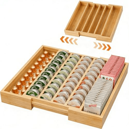 Bamboo Coffee Pod Holder Drawer Insert for Counter, Expandable K Cup Organizer Tea Bags Storage Compatible with Nespresso Vertuo Capsules, Natural$$Home Decor, Kitchen, & Other