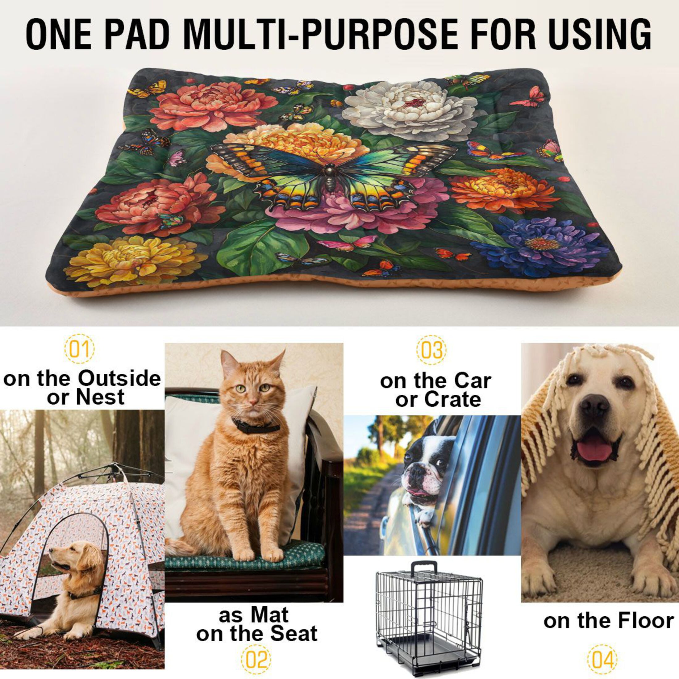 Qxltty Peony Butterfly Paintings Ped Pad Wear-resistant and Hard to Bite Through Sleeping Pad for Small Medium Large Dogs Winter Pet Bed 36×24in
