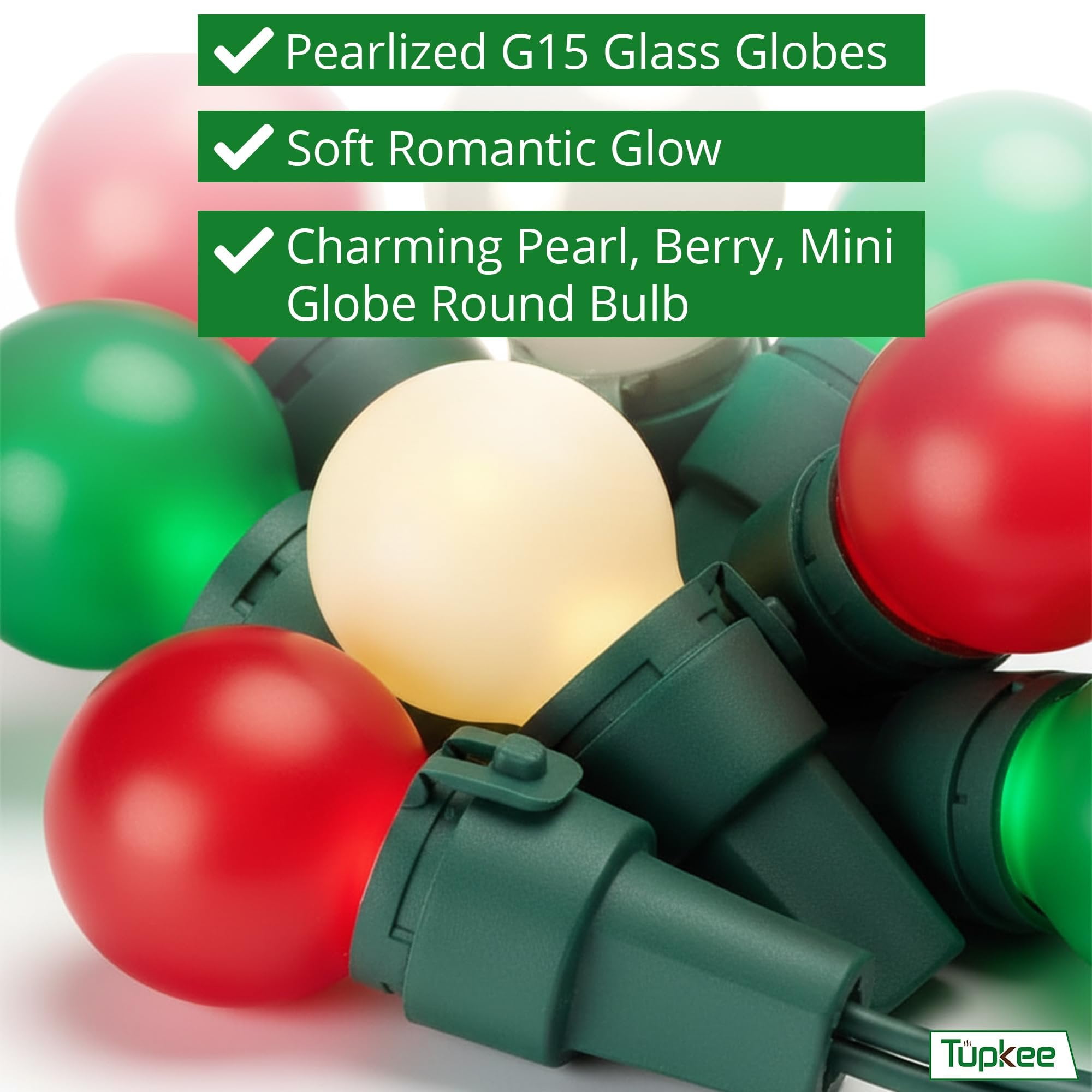 Tupkee Pearlized Glass Mini Globe Lights Set - 70 G15 Red, Green & Warm-White LED Bulbs - Indoor Outdoor - 25.3 Feet Pearl Berry Mini Globe Round Bulb Light String, Christmas Tree Holiday Lights