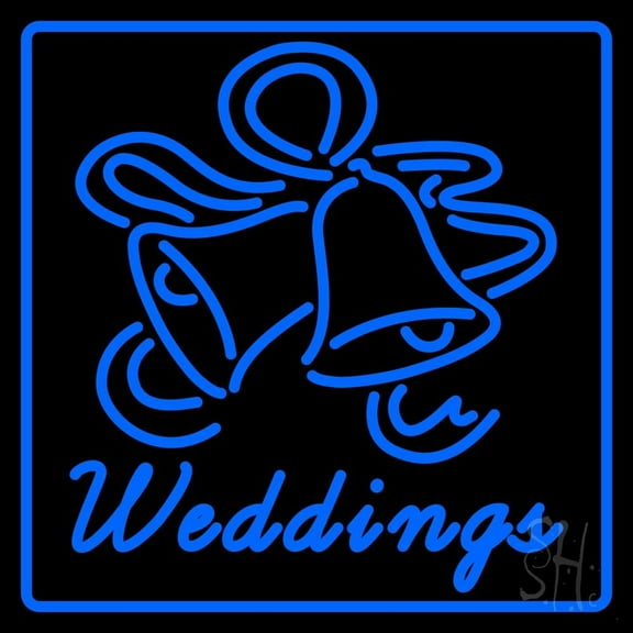 Blue Border Weddings Bell LED Neon Sign 16" Tall x 16" Wide - inches, Black Square Cut Acrylic Backing, with Dimmer - Premium built indoor Sign for Wedding Décor.