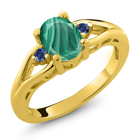 Gem Stone King 18K Yellow Gold Plated Silver Green Malachite and Blue Created Sapphire 3 Stone Engagement Ring for Women | 2.09 Cttw | Oval 8X6MM | Round 2MM | Gemstone Birthstone | Size 8