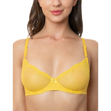 Wingslove Women s Sexy 1/2 Cup Lace Bra Balconette Mesh Underwired Demi Shelf Bra Unlined See Through Bralette Yellow 32DD