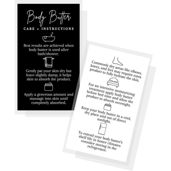 Body Butter Instruction   Care Cards  50 Pack  2 x 3.5 inch Business Card  Instructions for Handmade Maker  Black and White Design