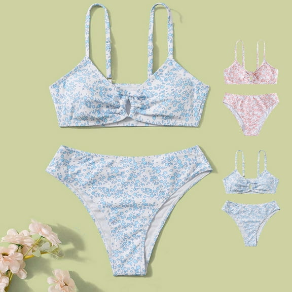 Jinhomg Beach Swimsuits for Girls 2 Piece Cute Floral Print Bathing Suits Spaghetti Straps Tankini Tops with Bottoms Kids Casual Vacation Swimwear Seasonal Sale 12Y Blue