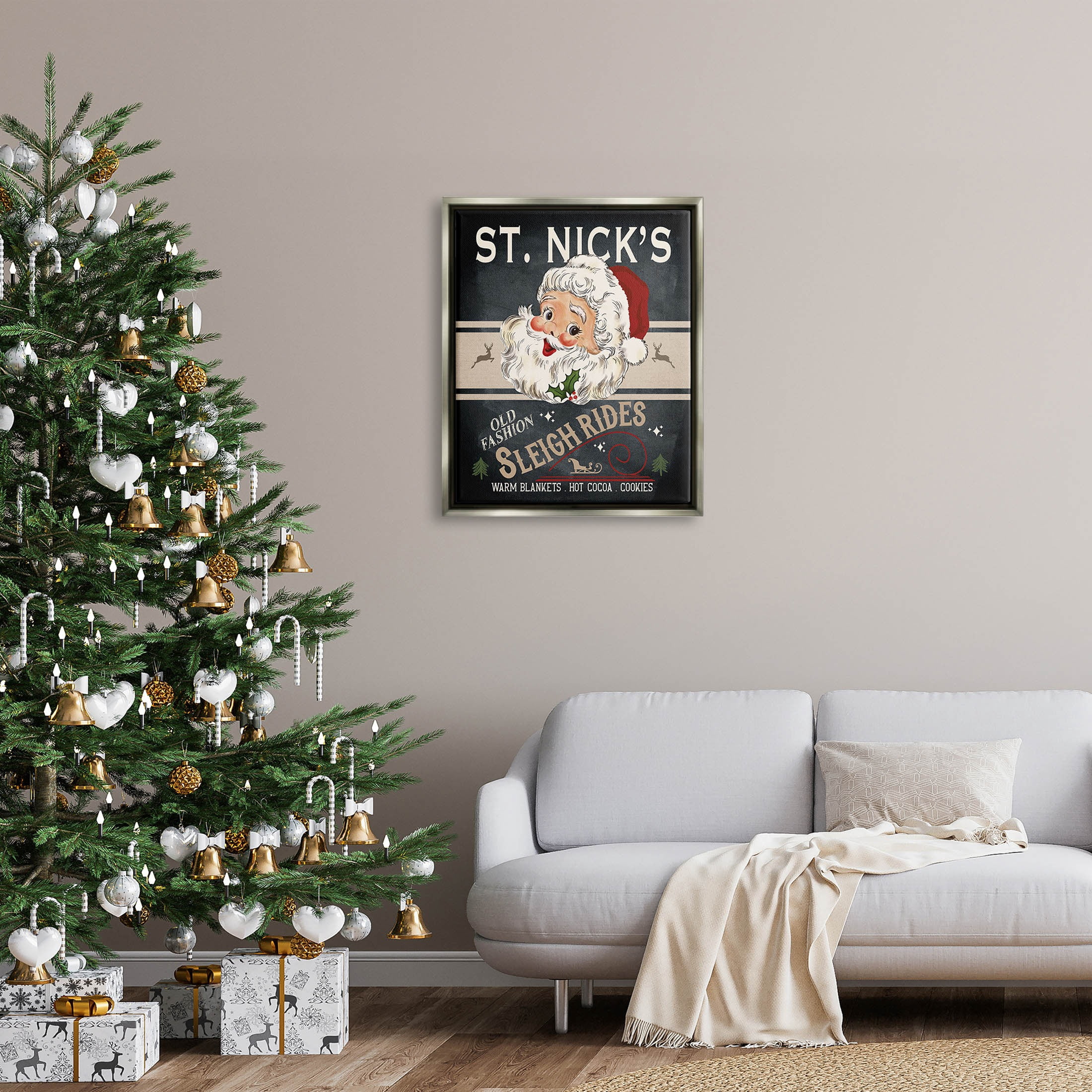 St. Nick's Sleigh Rides Vintage Style Sign Holiday Graphic Art Luster Gray Framed Art Print Wall Art