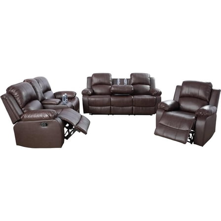 Pemberly Row Contemporary 3-Pieces Faux Leather Recliner Sofa Set in Espresso