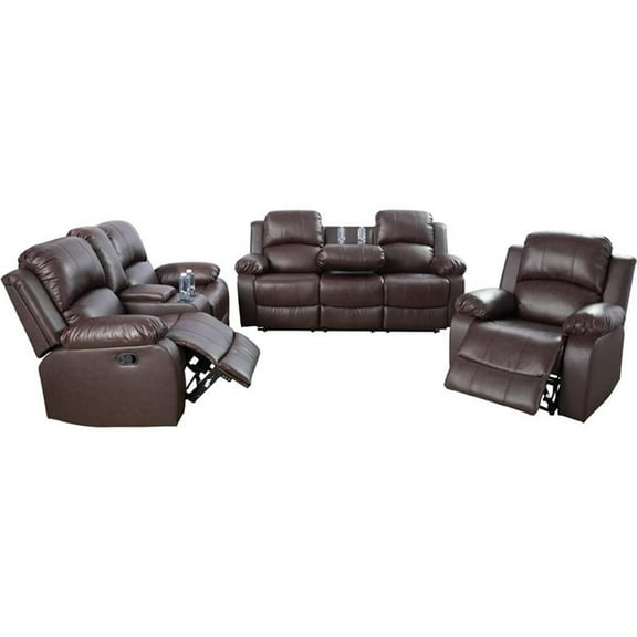 Pemberly Row Contemporary 3-Pieces Faux Leather Recliner Sofa Set in Espresso